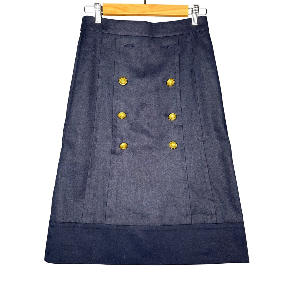 J.Crew Women Gold Button Linen Blend Skirt 4 Nautical Preppy Navy Blue READ
